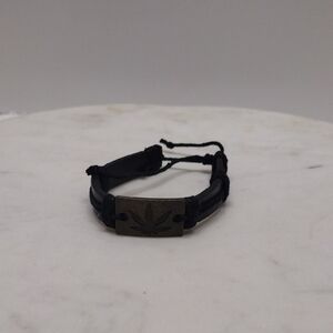 Black Leather Bracelet Adjustable with Metal Accent-Leaf Print BA-1
